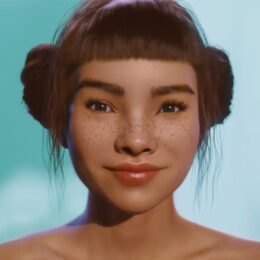 Virtual influencer Lil Miquela posing for a YouTube thumbnail of her first video